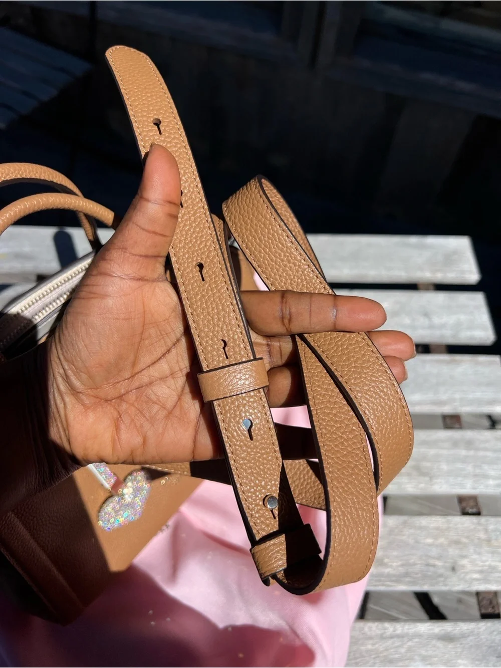 kate spade tan leather satchel with crystal heart charm